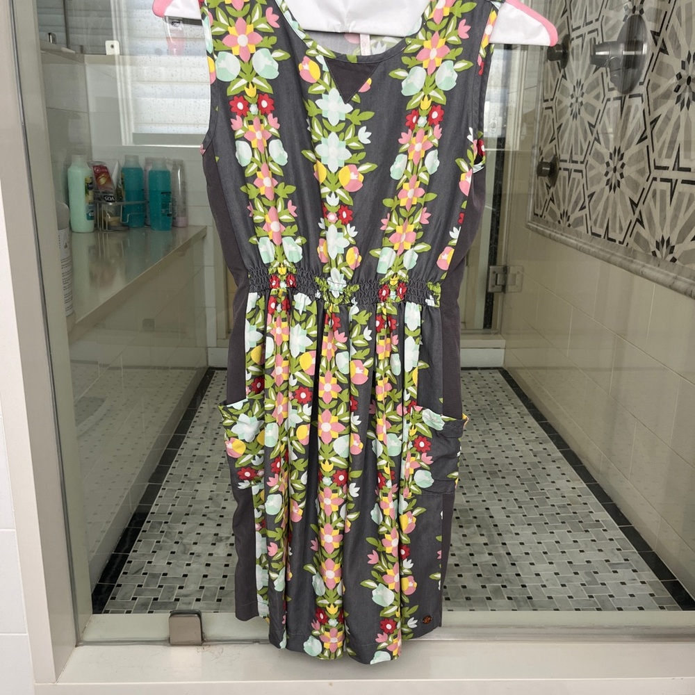 Matilda Jane 435Charcoal Dress with Pink, Green, Yellow and Cream Floral Pattern